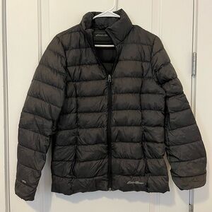 Lightly worn gray packable Eddie Bauer size medium 650 fill power jacket